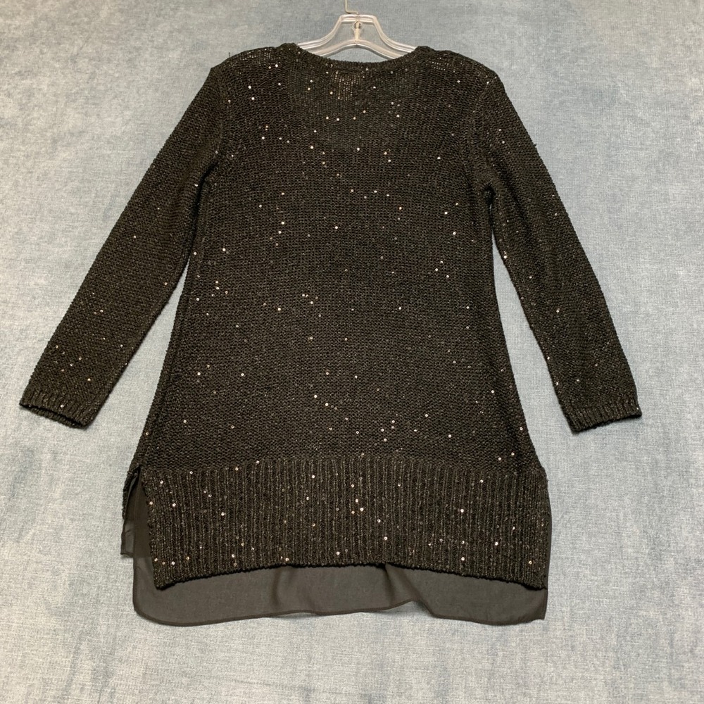 Loft Outlet Sweater Women Small Black Tight Knit Small Sequin Chiffon Hem V Neck